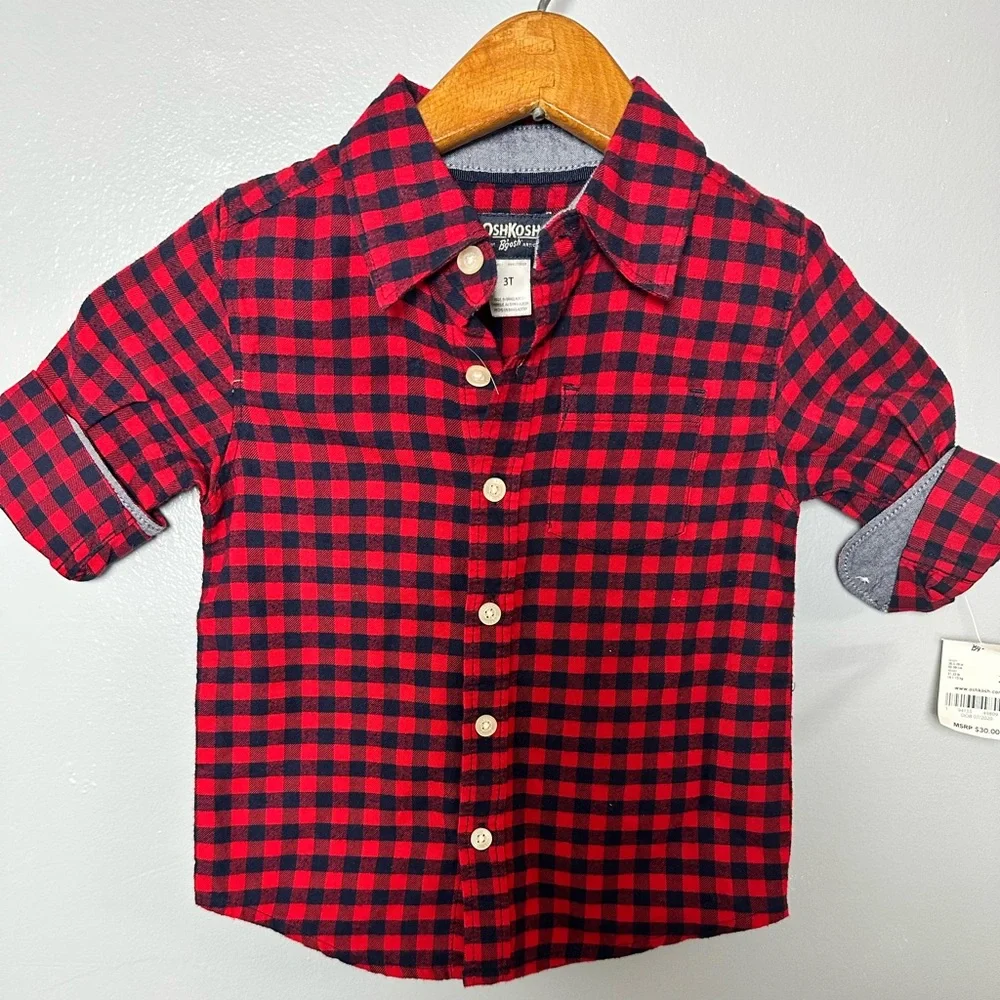 OshKosh B'gosh Red Plaid Kids Shirt Boy’s Button Up 3T New